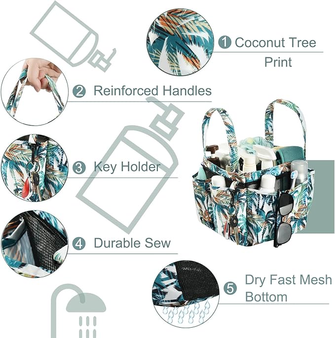 Haundry Shower Caddy Bag, Portable Mesh Shower Basket Organizer with Key Hook for College Dorm Bathroom Camp Gym, Hanging Tote Bag with 8 Pockets, Coconut Tree