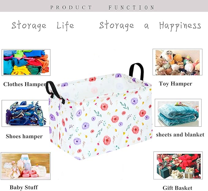 KUNRO Rectangle Flower Patter Storage Basket Gift Shelf Basket Storage Bin, Nursery Basket Organizer Box for With Handles for Room Deco