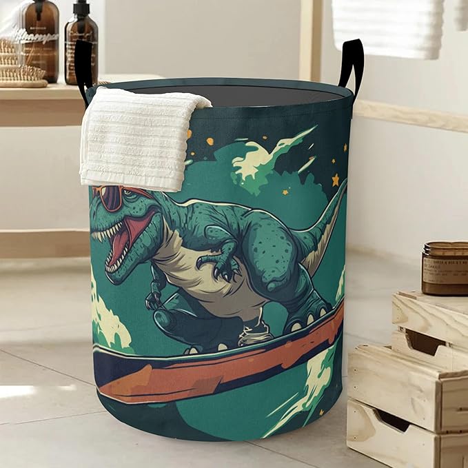 Cute Tyrannosaurus Rex Laundry Basket-Large Foldable Hamper Holder Portable Tall Collapsible Laundry Hamper Storage Basket Bin with Handles, Canvas & Waterproof lining for Household Items
