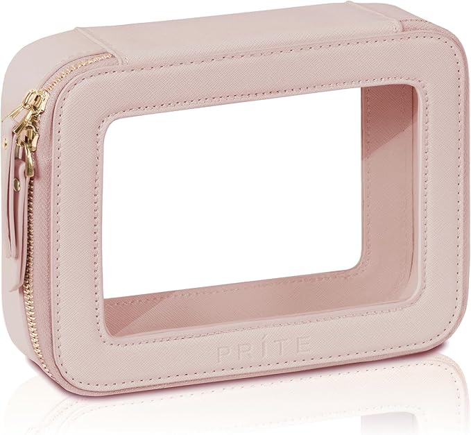 Prite Clear Makeup Bag Cosmetic Organizer Case Waterproof Travel Toiletry Bag Skincare Pouch with Golden Zipper (Pearlescent Pink)