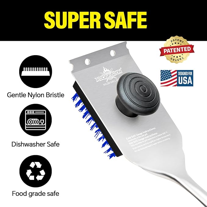 XUDAKAIXIN Grill Brush and Scraper, Dual Grip Design, Extra Strong BBQ Cleaner Accessories, Safe Nylon Bristles Barbecue Triple Scrubbers Cleaning Brush for Cast Iron Grates/Porcelain/Charcoal Grill