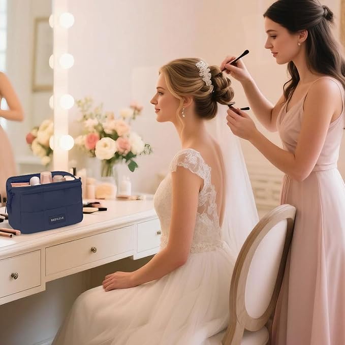 Makeup Bag Travel Toiletry Bag - Cute Make Up Bag, Waterproof Cosmetic Bag with Multiple Compartments, Wide-open Makeup Pouch for Cosmetics, Toiletries, and Travel Essentials, Navy Blue