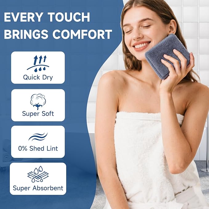TEAWOO Coral Velvet Navy Blue Washcloths 12 Pack, Highly Absorbent and Soft Navy Blue Face Towels, Multi-Purpose Washcloths and Hand Towels for Bathroom, Hotel, Spa and Gym, 12 x 12 inches