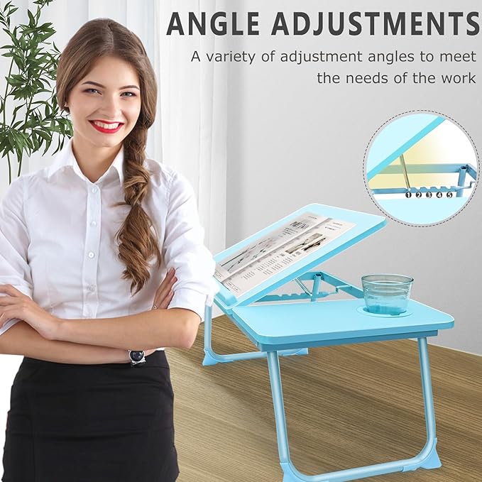 Laptop Desk for Bed Couch, Lap Desk for Laptop, Portable Laptop Stand for Desk, Small Adjustable Laptop Desk, Foldable Bed Table for Laptops and Writing, Bed Tray Table with Cup Holder (Blue)