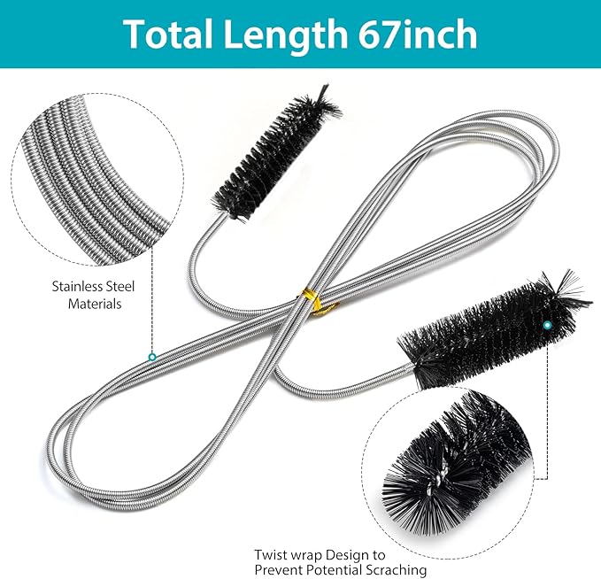RayTour Extra-Thick Drain Brush with Stronger Spring - 67-Inch Flexible Pipe Cleaning Tool - Dual Bristle Heads - Ideal for Curved Pipes and Slim Holes – Black