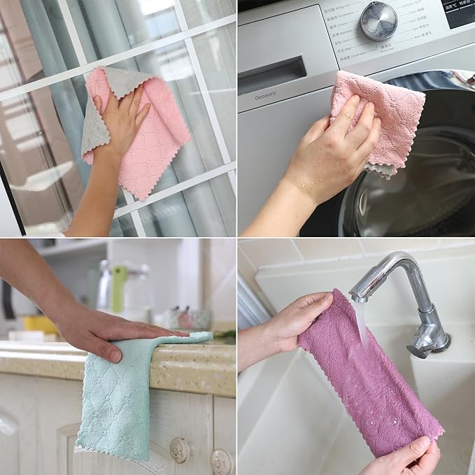 12-Pack Kitchen Cloth, Dish Towels, Microfiber Cleaning Cloths, Premium Coral Fleece Reuseable Fast Drying Cloths for Kitchen, Bathroom, Restroom and Household Cleaning Supplies, 10"×10"