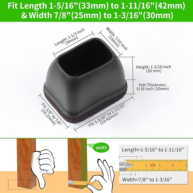 8PCS Felt Chair Leg Floor Protectors, Rectangular Chair Leg Caps for Bed Chair Furniture Leg Protectors, Black Bar Stool Floor Protectors for Hardwood Floors, Fit Length 1.3"-1.7", Width 0.9"-1.2"