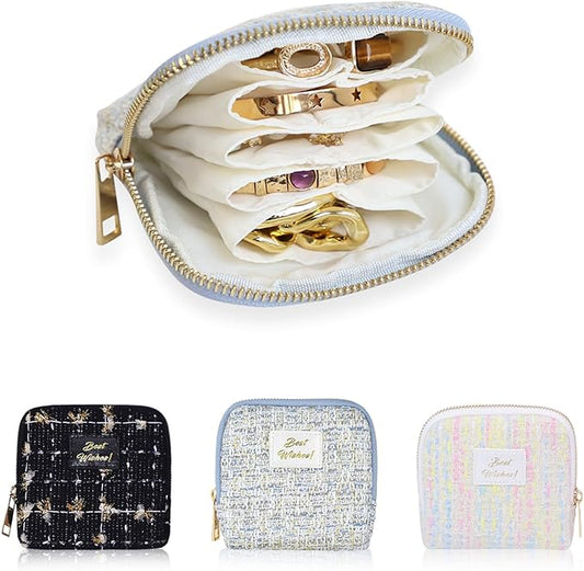 Stratalife Travel Jewelry Case Organizer for Women Portable Jewelry Box with Small Pouches for Gemstones Healing Crystal Bracelets, Necklace Bangles Storage, Pendants Ring Holder Zipper, Quilted Blue