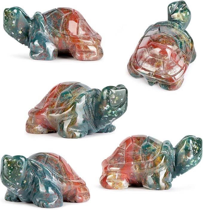 2" Ocean Jasper Turtle Figurine Healing Crystal Collectible Statue Hand Carved Mini Gemstone Animal Sculpture Tortoise Decor for Home, Office