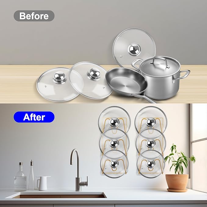 2 Pack Pot Lid Organizer Rack, 6 Tier Hanging Pot Lids Holder Inside Cabinet Door, No Drilling Adhesive Wall Mounted Pan Lid Organizer, Kitchen Cooking Lid Storage Rack for Cupboard (Gold)