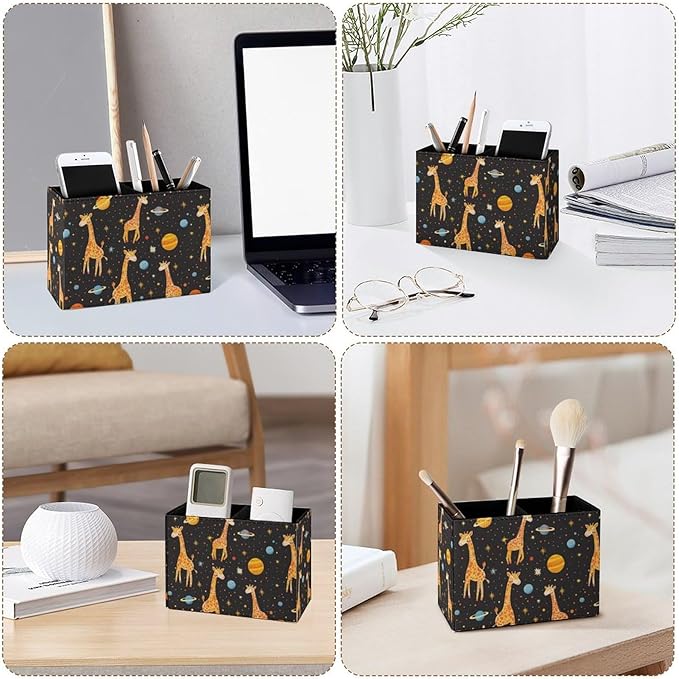 Famame Giraffe Space Cartoon Planet Pencil Holder for Desk, Leather Desktop Container Pen Cup Storage Study Table Pen Organizer Makeup Brush Holder for Classroom Office Home