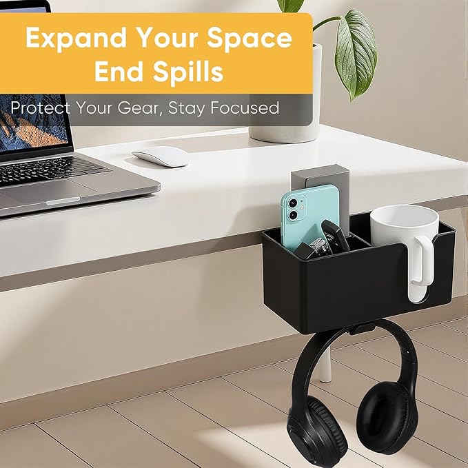 4-in-1 Clip On Desk Cup Holder - Adjustable Mountable Cup Holder with Divider & Rotating Hook - Large No Spill Clamp On Drink Holder Attachment - for Desk Chair Table Bed Tray - Black