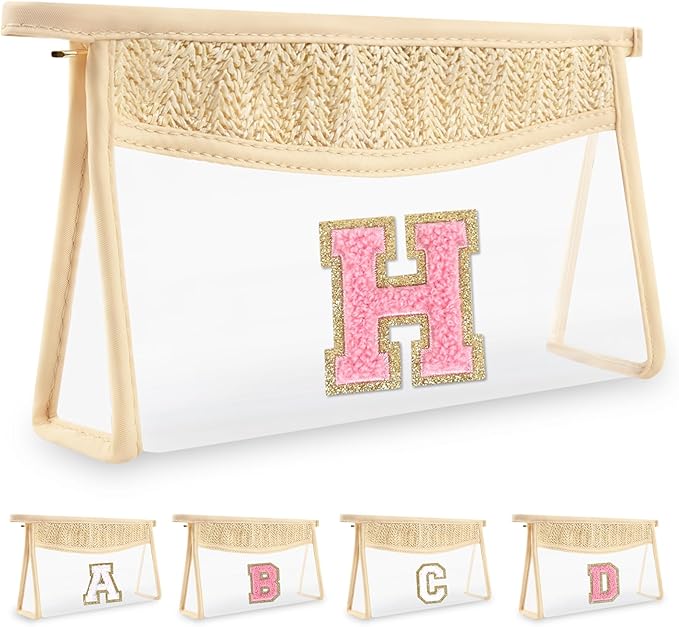 Small Boho Straw Initial Letter Makeup Bag Personalized Gift ,Cute Clear Chenille Patch Makeup Bag With Zipper,Trendy TSA Approved Travel Toiletry Bag,Gift for Women Girls Birthday Friend, Letter H