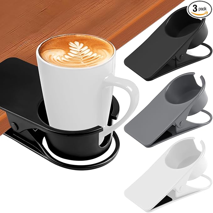 3PCS Drinking Cup Holder Clip Kalolary Chair Desk Bottle Cup Stand DIY Glass Clamp Storage Saucer Clip with Groove for Potted Plant Beverage Coffee Mug Holder Clip for Home & Office (Black White Grey)