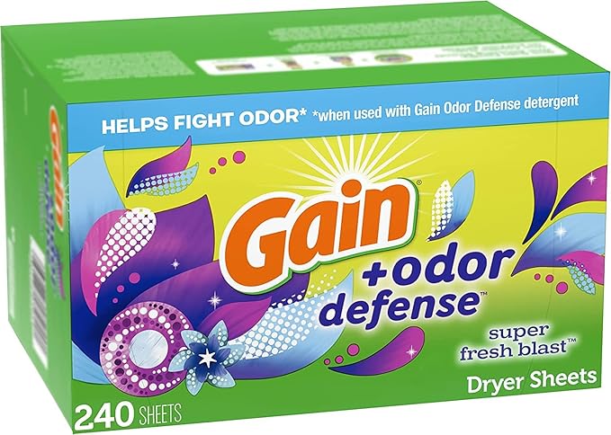 Gain Dryer Sheets Plus Odor Defense,Super Fresh Blast Scent,Helps fight static and odor,laundry sheets,240 Count (Pack of 4)