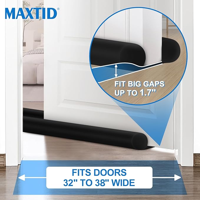 MAXTID Twin Door Draft Blocker Seal Large Door Gap Noise Under Door Draft Stopper for Bottom Door Sweep Sounfproofing Adjustable 38" Black