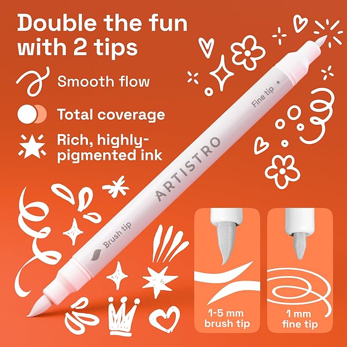 ARTISTRO 12 White Acrylic Paint Markers - Paint Pens for Drawing, Brush + Fine Tips - For Fabric, Rock, Glass, Wood, DIY - Art & Craft Supplies for Adults, Teens, Kids - Teacher Appreciation Gift