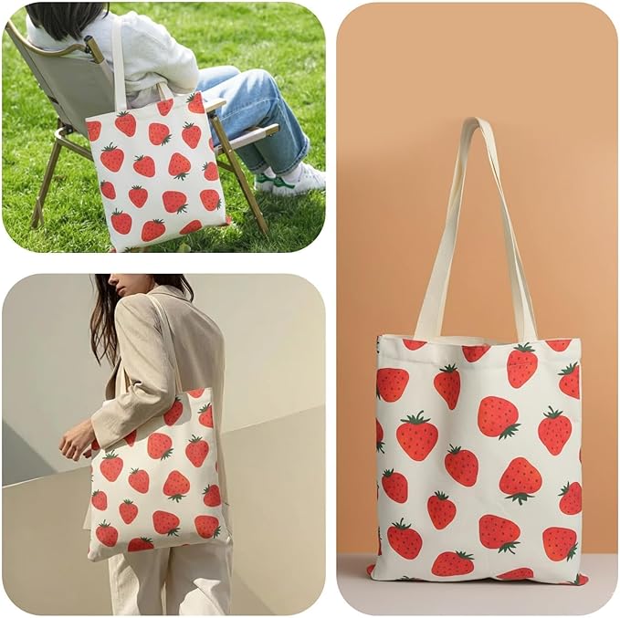 1-PACK Cute Strawberry Print Canvas Tote Bag, Reusable Grocery Bag with Magnetic Snap Closure & Inner Zipper Pocket, Aesthetic Gift for Women