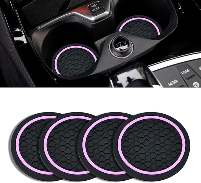 4PCS Car Cup Holder Coasters, 2.75 Inch Non-Slip Insert Cup Holder Pad, Dustproof Automotive Interior Accessories Mat, Universal for Trucks, Vehicles, RVs and More (Black/Pink)