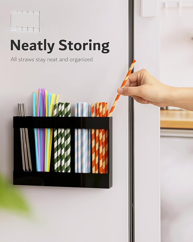 Acrylic Straw Holder & Organizer - Compact, Adhesive Tape Included for Easy Installation - Perfect for Countertops, Cabinets, or Kitchen Storage (Black-5 Compartments)