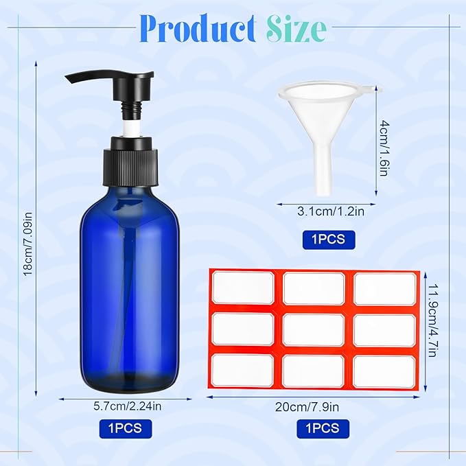 Fumete 2 Pack Glass Bottles 4oz Empty Refillable Liquid Containers with 1 Label 1 Funnel for Essential Oils Hair Travel Plants Cleaning Skin Care(Blue, Black Top,Pump Bottle)