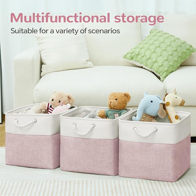 VQRTEXA 13 x 13 Inch Cube Storage Bins, 6 Pack Fabric Storage Basket with Handles, Foldable Boxes Organizer for Shelf Baskets for Home, Clothes (White/Pink)