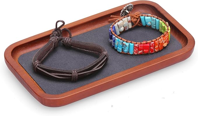 Wooden Jewelry Display Tray Rounded Rectangle Ring Showcase Stackable Elegant Bracelet Watch Jewelry Organizer for Personal Use and Commerce (Gray, Medium-W 3.9'' x H 0.6'' x L 7'')