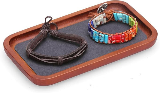 Wooden Jewelry Display Tray Rounded Rectangle Ring Showcase Stackable Elegant Bracelet Watch Jewelry Organizer for Personal Use and Commerce (Gray, Medium-W 3.9'' x H 0.6'' x L 7'')