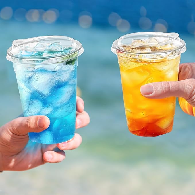 BYSNOW 16 oz 50 Pack Clear Plastic Cups with Lids, Disposable Iced Coffee Drink Cups with Strawless Sip Lids for Parties, Outdoors, Office and Events