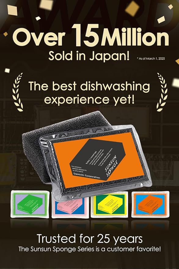 SunSun Sponge Kitchen Sponges, Made in Japan, All Surface, Scratch-Free, Odor Resistant, Durable, Long-Lasting Sponge for Dishwashing, Monochrome, 4 Count