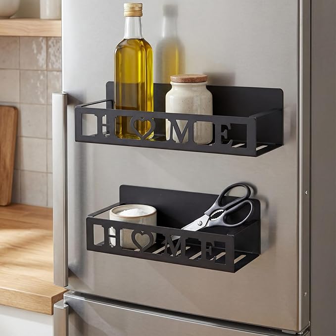 2 Pack Home Magnetic Spice Rack for Refrigerator Metal Magnet Basket Shelf for Fridge Seasoning Storage Organizers Home Decor Kitchen Accessories(Black)