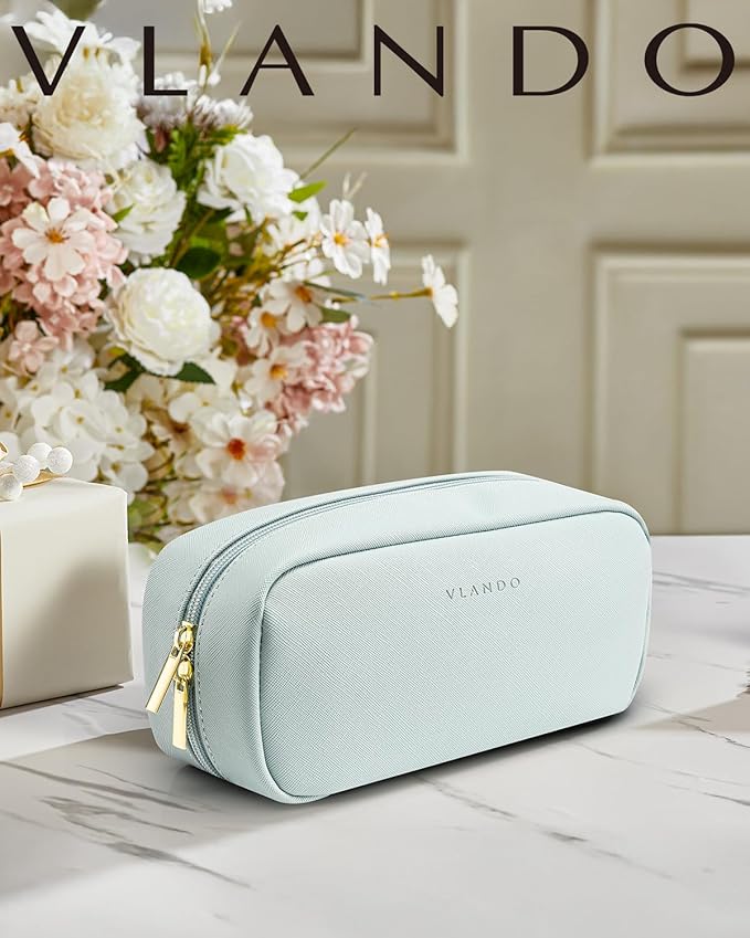 Vlando Makeup Pouch,Travel Makeup Organizer Bag,Small Makeup Bag Travel Gifts for Women Traveler Birthday Graduation Gift Ideas-Blue