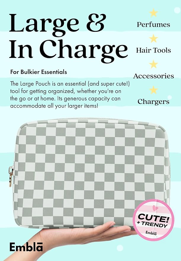 Embla Makeup Bag Travel Cosmetics Pouch and Toiletry Bag, Nylon Zipper Pouch Purse, Cute Make Up Organizer Storage Tote for Women Girls, Travel Skincare Case, Large Makeup Case, Mint Green Checkered