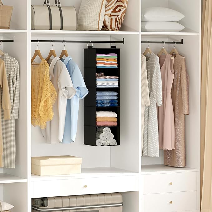 Lifewit 5 Tier Hanging Closet Organizer and Storage for Shelves, Foldable Clothes Storage Shelf with 2 Sturdy Hooks for Clothing Organization, Dorm Room Essentials for Guys, Black