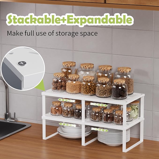 2 Pack Expandable Cabinet Shelves Organizer Width 11'' Stackable Kitchen Counter Storage Shelves,Adjustable Width Pantry Shelf Spice Rack