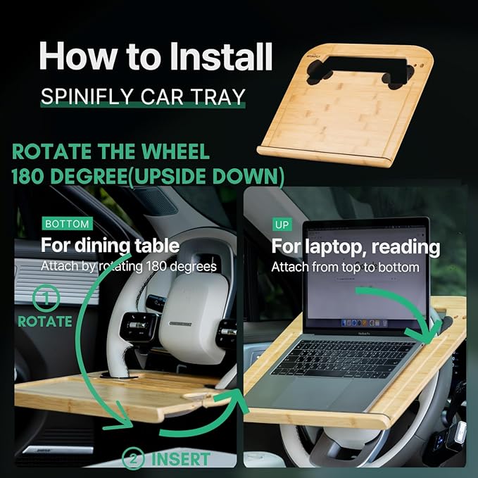2 in 1 Steering Wheel Tray – Car Tray & Food Table – Car Essentials Double Sided Bamboo Car Desk for Laptop, Eating & Reading – Fits up to 17" Laptop