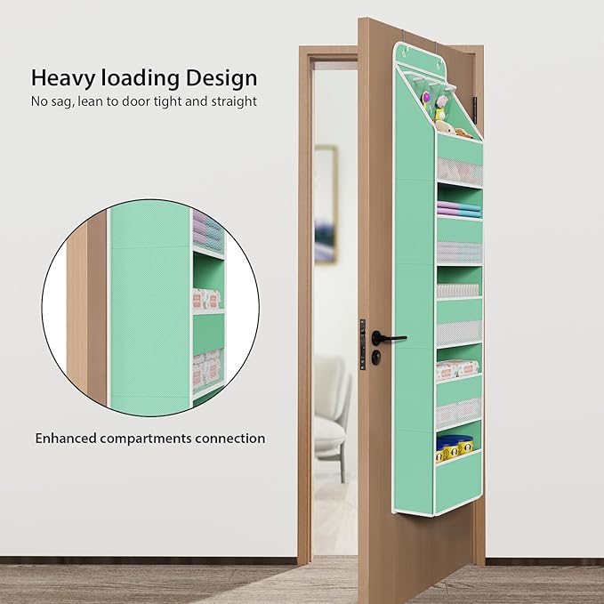 Univivi 6-Shelf Over Door Hanging Organizer Fabric Baby Door Storage with 5 Large Pockets and 3 Small PVC Pockets Wall Mount Hanging Storage Organizers for Baby Essential (Green)