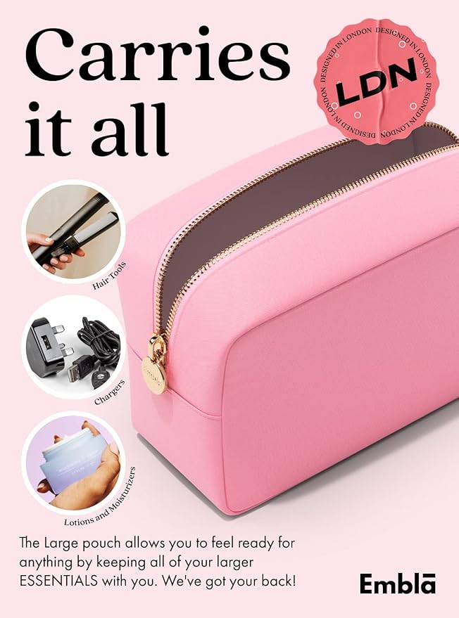 Embla Makeup Bag Travel Cosmetics Pouch and Toiletry Bag, Nylon Zipper Pouch Purse, Cute Make Up Organizer Storage Tote for Women Girls, Travel Skincare Case, Large Makeup Bags, Flamingo Pink