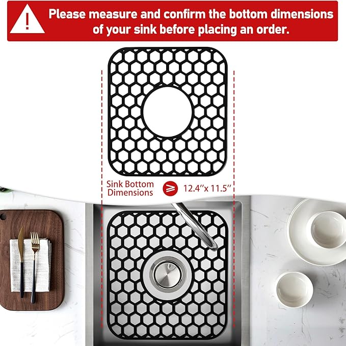 Silicone Sink Protectors for Kitchen Sink - 12" x 11" Kitchen Grid Accessory, Non-Slip Heat-Resistant Mat for Bottom of Porcelain Stainless Steel, Dishwasher Safe (Black)