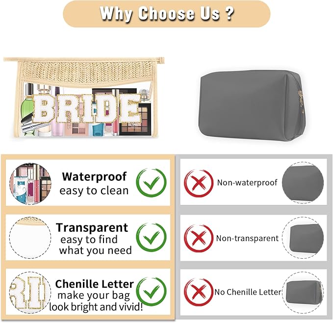 Boho Clear Makeup Letter Patch Makeup Bag BRIDE Pouch, Clear Toiletry Bag Travel Small Cute Chenille Letter Cosmetic Zipper Pouch Purse, Women Transparent Waterproof Glitter Wedding Make Up Bag(BRIDE)
