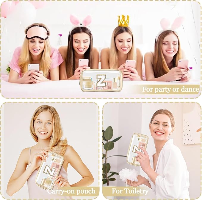 Small Clear Personalized Initial Makeup Bag, Preppy A-Z Chenille Letter Patch Cosmetic Bag, Cute Transparent Nylon Waterproof Zipper Beach Varsity Letter Pouch, Gift for Women Girls(Beige-White Z)