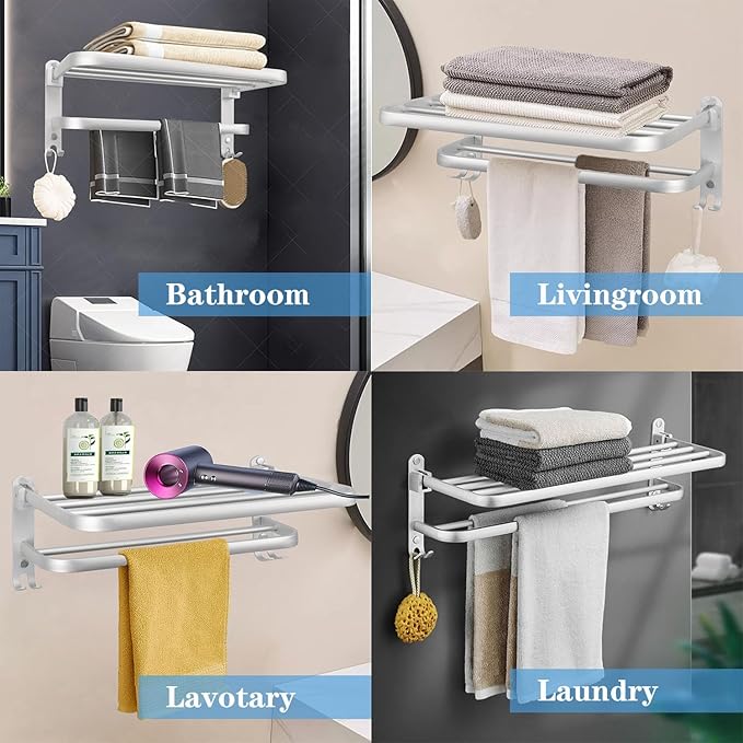 Towel Rack for Bathroom, Bath Towel Holder with Double Towel Bar and Foldable Towel Shelf, Rustproof Towel Organizer Wall Mounted Towel Storage Hanger for Bath/Balcony/Lavatory (16In Silver)