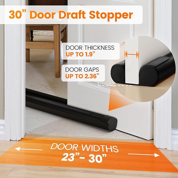 Door Draft Stopper, Draft Stopper for Bottom of Door, 30” Under Door Draft Covers Gap up to 2.36”, Adjustable Door Sweep for Noise, Bugs, Cold Air, Dust, Easy Install Draft Blocker(Black)