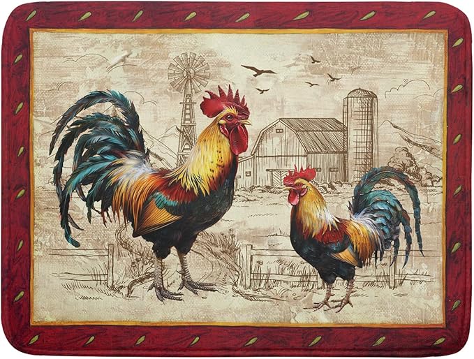 Farm Rooster Dish Drying Mat for Countertop 18x24 Inches Red Rustic Chicken Absorbent Microfiber Dry Dishes Pads Kitchen Counter Accessories
