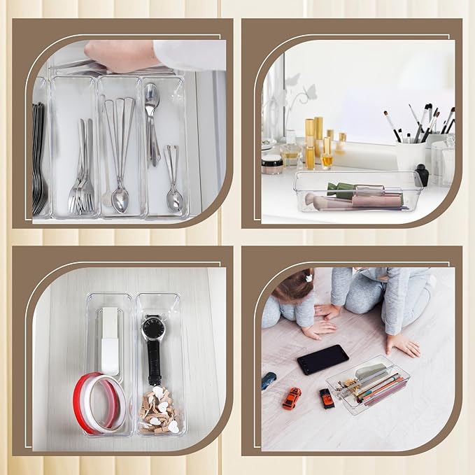 12 PCS Drawer Organizers Clear Plastic Vanity Drawer Dividers Kitchen Silverware Utensil Storage Desk Storage Tray for Bathroom Bedroom Office Makeup Jewelry 9 x 3 x 2 Inches