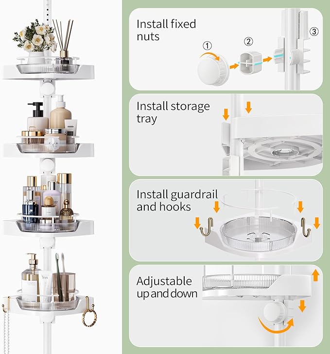 360° Rotating Shower Caddy Tension Pole, 4 Tiers Corner Shower Organizer for Bathroom Shelf Bathtub, Adjustable Standing Shower Rack Bathroom Accessories, Easily Assemble, 34-124 Inch Height, White