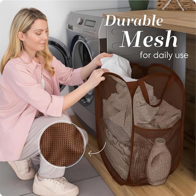 Handy Laundry Collapsible Mesh Pop Up Laundry Hamper with Side Pocket, Breathable & Space-Saving Foldable Basket for Clothes, Toys, Travel, Storage, 14 x 13 x 24 in, Brown