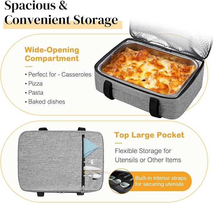 Coobiiya Insulated Casserole Carrier – Portable Tote for Hot or Cold Food, Warmer & Cooler Bag Lunch Bag, Fits 9" x 13" Baking Dish, Ideal for Potluck Parties – Grey