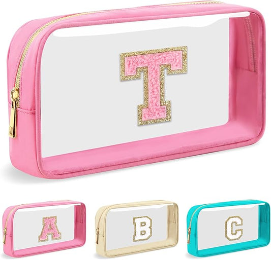 Personalized Initial Letter Clear Makeup Bag, Preppy Small Nylon & PVC Cosmetic Zipper Bag with Chenille Letter, Portable Beach Travel Skincare Toiletry Bag, Trendy Monogram Gift for Teen Girls Women