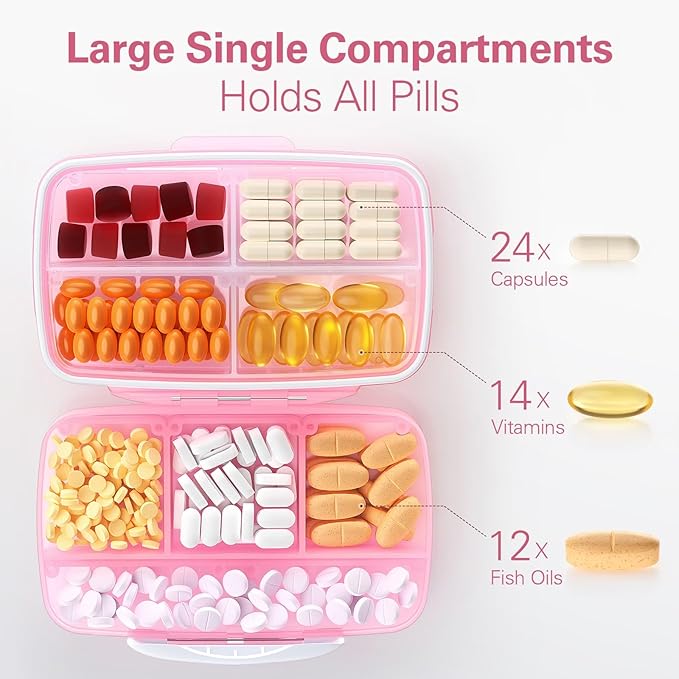 Barhon Travel Pill Organizer with 8 Large Compartments, Travel Pill Box Pocket Pharmacy Moisture-Proof, Portable Vitamin Organizer Medicine Cases for Fish Oil & Supplements (Pink)